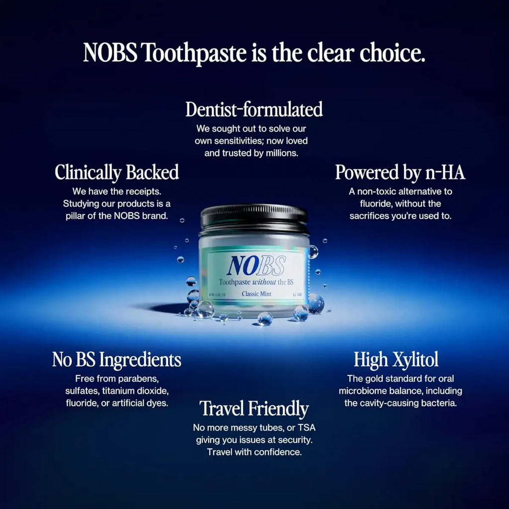 Advertisement for NOBS Toothpaste with product and features listed on a blue background