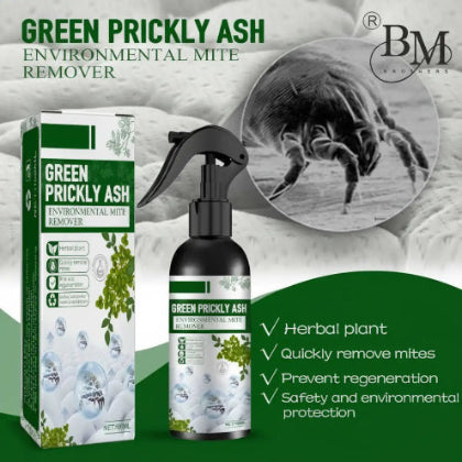 Green Prickly Ash Environmental Mite Remover with packaging and mite illustration on a green background