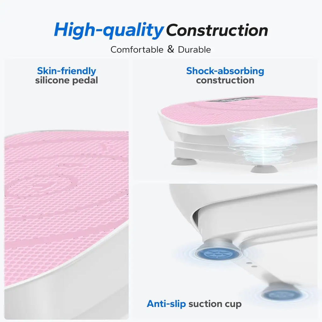 Pink and white product with text highlighting features like skin-friendly silicone pedal, shock-absorbing construction, and anti-slip suction cup.