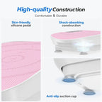 Pink and white product with text highlighting features like skin-friendly silicone pedal, shock-absorbing construction, and anti-slip suction cup.