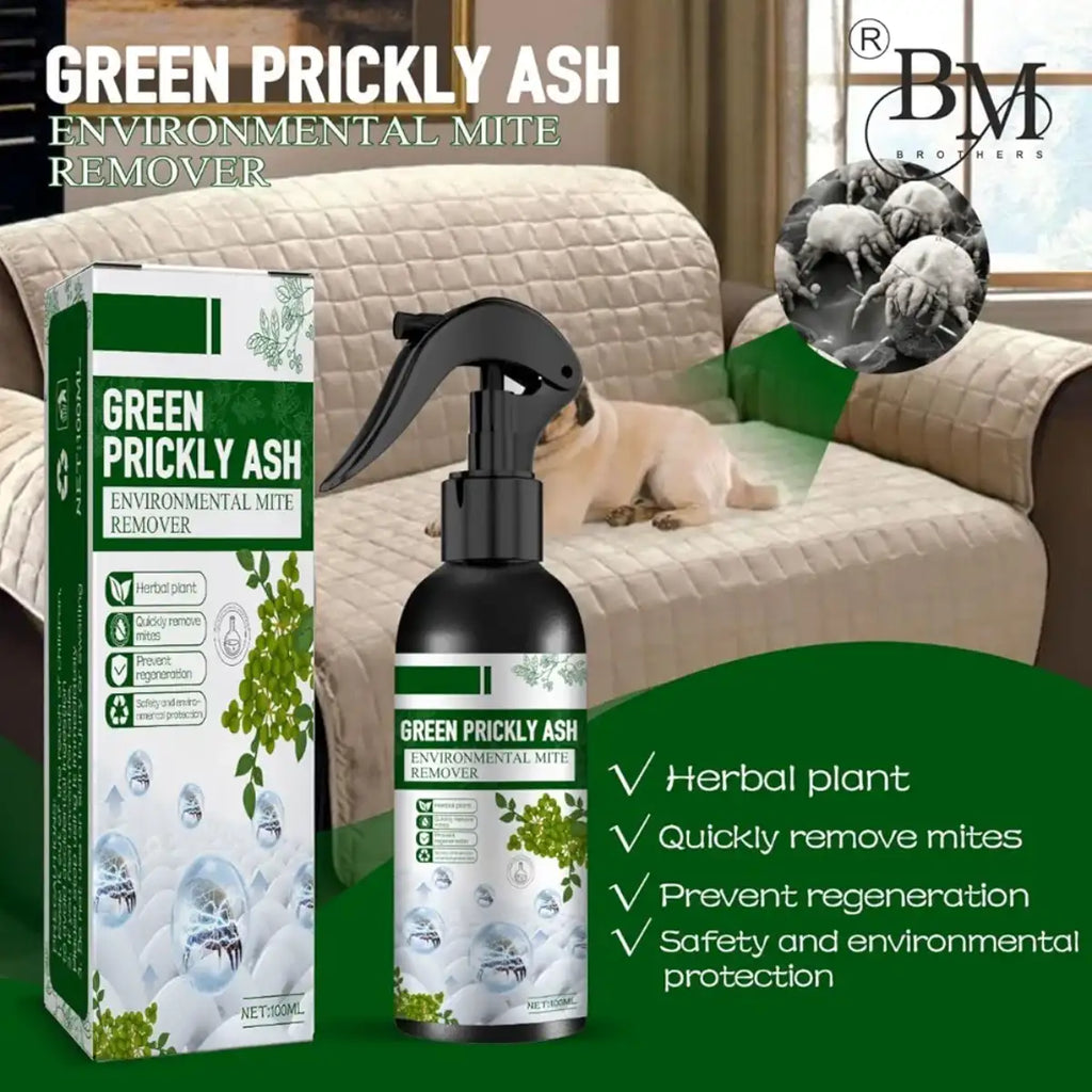 Green Prickly Ash Environmental Mite Remover with packaging and product on a couch background