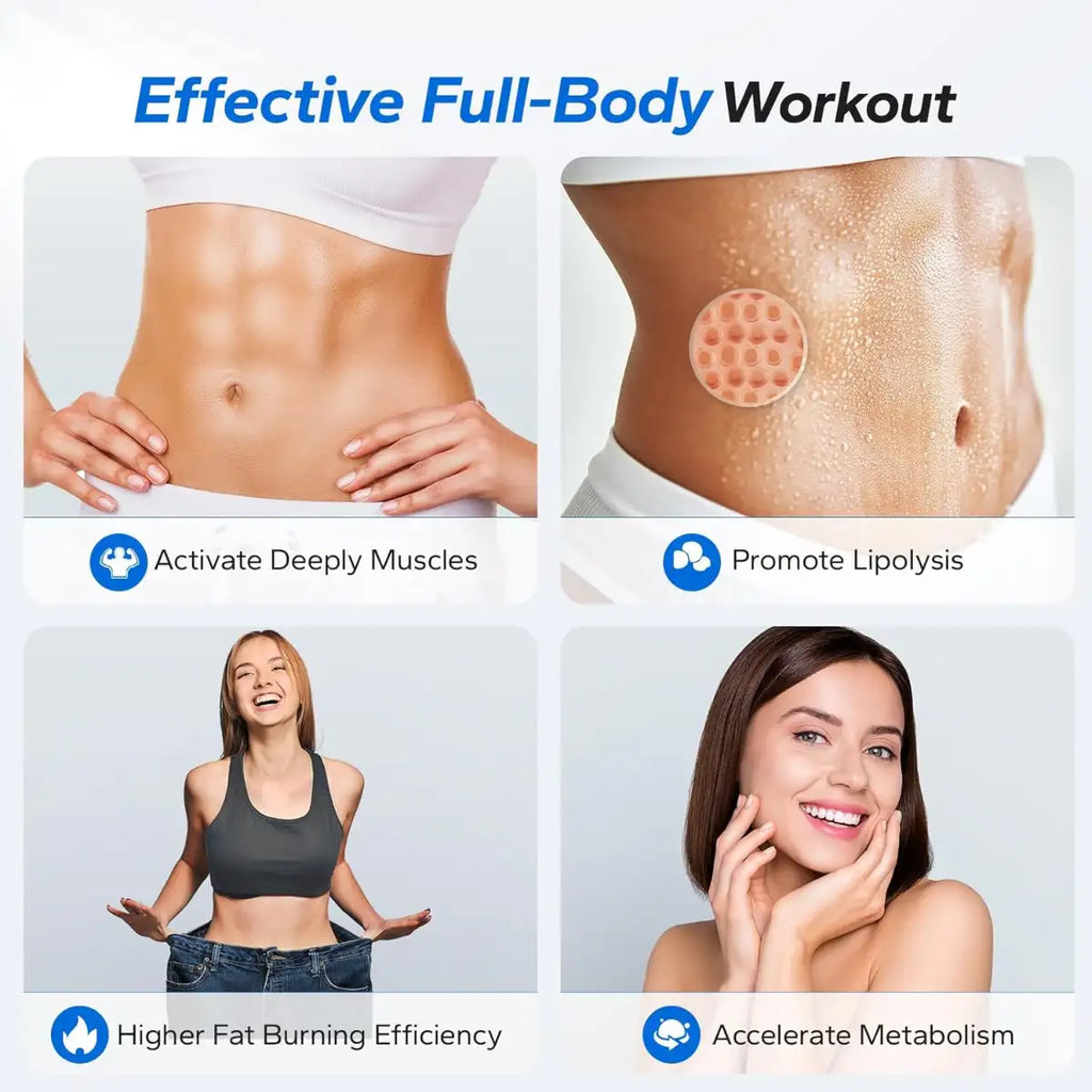 Advertisement for an effective full-body workout with images of a person, a patch, and text about benefits.