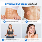 Advertisement for an effective full-body workout with images of a person, a patch, and text about benefits.