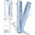 Blue women's electric shaver with packaging and accessories on a white background