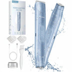 Blue women's electric shaver with packaging and accessories on a white background