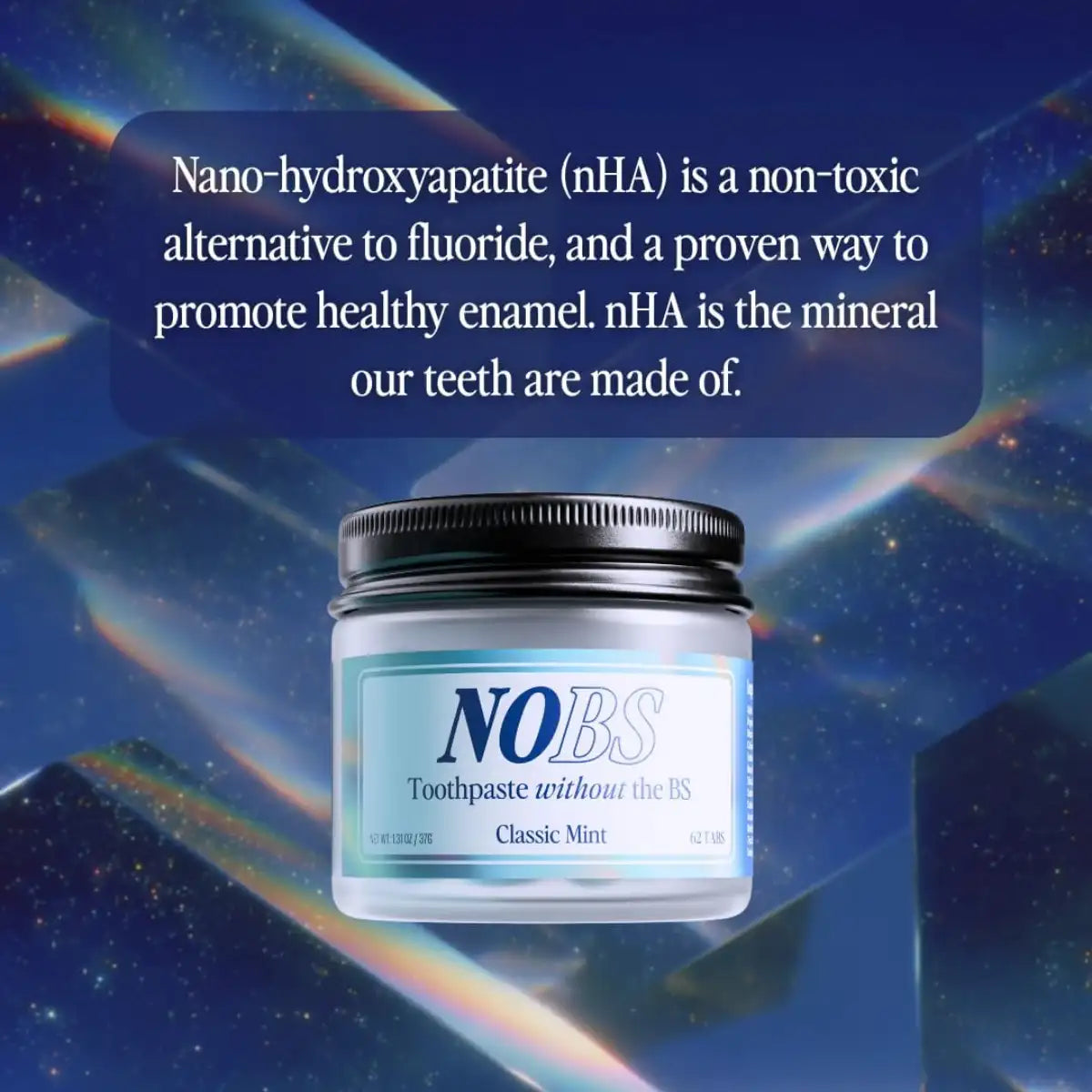 NOBS toothpaste jar with text about nano-hydroxyapatite on a space-themed background